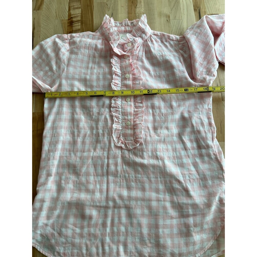 J Crew Pink Long Sleeve Ruffle Neck Blouse Cotton Stretch Gingham Pink White 6 - Picture 8 of 9